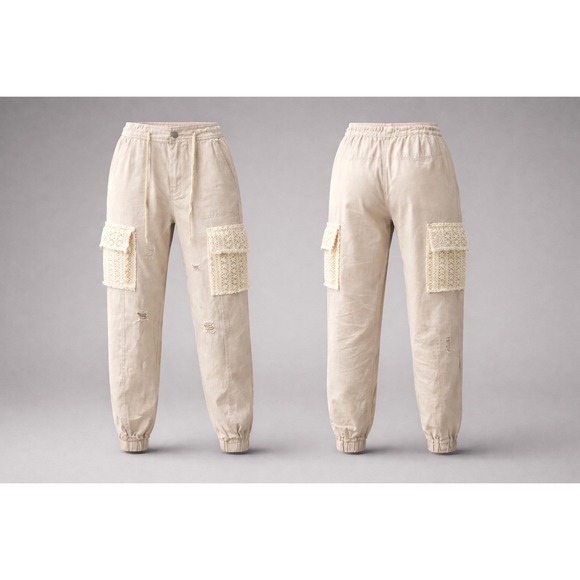POL Pants - POL Clothing‎ Women Beige Crochet Lace Pocket Cargo Joggers Distressed SMP494 S